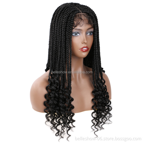 18inch Long Curly Heat Resistant Natural Black Box Braid Synthetic Braiding Hair Wigs Full Handmade 4x4 Lace Front Wig
